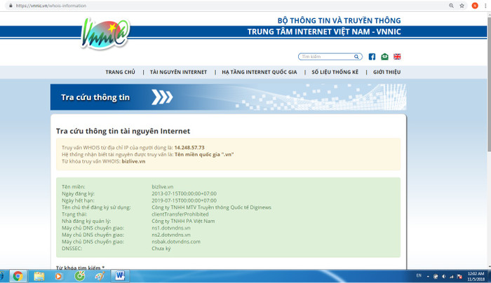 Thông tin trên VNNIC cho thấy tên miền bizlive.vn thuộc chủ thể đăng ký và sử dụng là Công ty TNHH MTV Truyền thông Quốc tế Diginews. ảnh chụp màn hình ngày 5/11/2018.