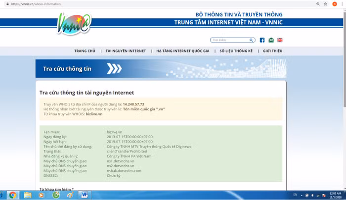 Thông tin trên VNNIC cho thấy tên miền bizlive.vn thuộc chủ thể đăng ký và sử dụng là Công ty TNHH MTV Truyền thông Quốc tế Diginews. ảnh chụp màn hình ngày 5/11/2018.
