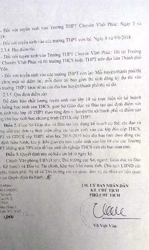 Quyết định số 724/ QĐ-UBND tỉnh Vĩnh Phúc về phương thức thi mới. Ảnh VL.