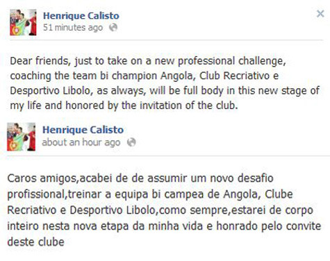 Thông báo bằng tiếng Anh và tiếng BĐN trên trang cá nhân của HLV Calisto. Thông báo bằng tiếng Anh và tiếng BĐN trên trang cá nhân của HLV Calisto.