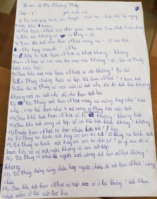 Bộ 19 câu hỏi mà ban giám hiệu trường Trung học cơ sở Duy Ninh (Quảng Ninh, Quảng Bình) phát cho 23 học sinh (Nguồn ảnh: Báo Sài Gòn Giải Phóng). Bộ 19 câu hỏi mà ban giám hiệu trường Trung học cơ sở Duy Ninh (Quảng Ninh, Quảng Bình) phát cho 23 học sinh (Nguồn ảnh: Báo Sài Gòn Giải Phóng).