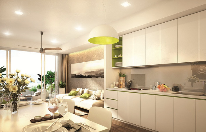 Nội thất phòng khách căn condotel 2 phòng ngủ.