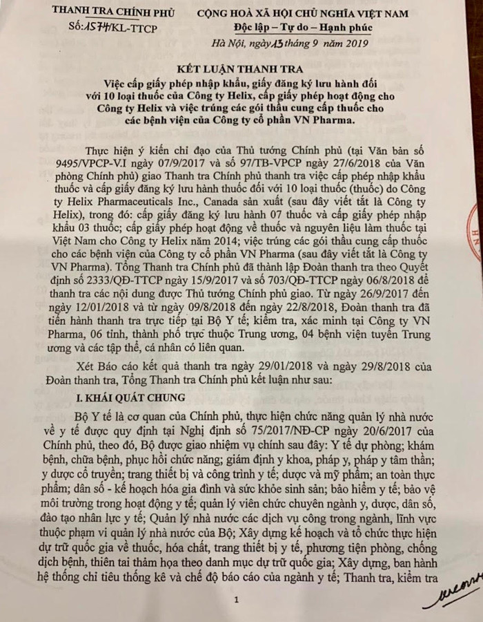 Kết luận của Thanh tra Chính phủ về vụ việc VN Pharma. Kết luận của Thanh tra Chính phủ về vụ việc VN Pharma.