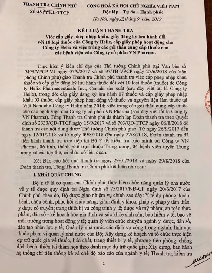 Kết luận của Thanh tra Chính phủ về vụ việc VN Pharma.