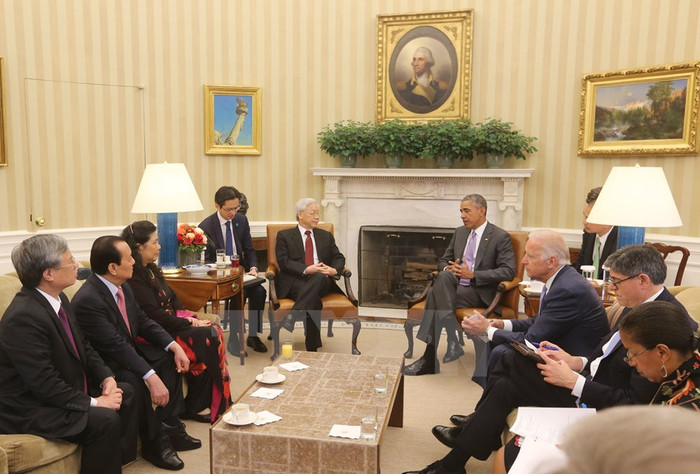 Tổng Bí thư Nguyễn Phú Trọng và Tổng thống Obama cùng bày tỏ tin tưởng, lạc quan về triển vọng của quan hệ Việt Nam-Hoa Kỳ trong thời gian tới. ảnh: Trí Dũng/TTXVN. Tổng Bí thư Nguyễn Phú Trọng và Tổng thống Obama cùng bày tỏ tin tưởng, lạc quan về triển vọng của quan hệ Việt Nam-Hoa Kỳ trong thời gian tới. ảnh: Trí Dũng/TTXVN.