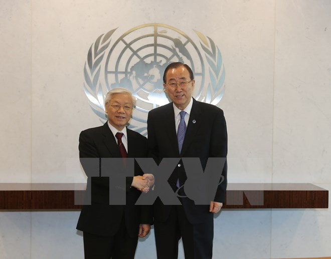 Tổng Thư ký Liên hợp quốc Ban Ki-moon đón Tổng Bí thư Nguyễn Phú Trọng. (Ảnh: Trí Dũng/TTXVN) Tổng Thư ký Liên hợp quốc Ban Ki-moon đón Tổng Bí thư Nguyễn Phú Trọng. (Ảnh: Trí Dũng/TTXVN)