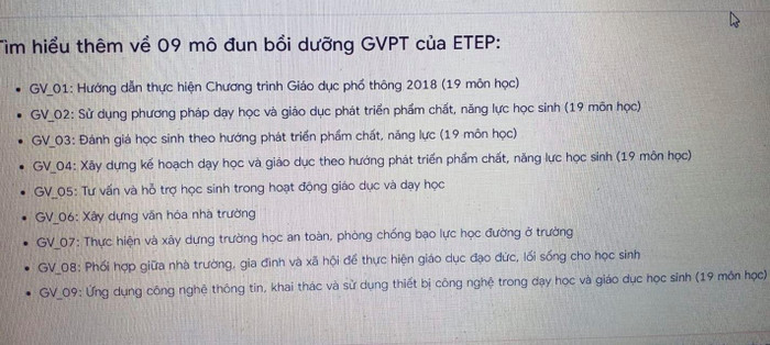 Có nhiều chuyên đề bồi dưỡng chương trình mới trùng lặp, chồng chéo (Ảnh chụp từ màn hình)