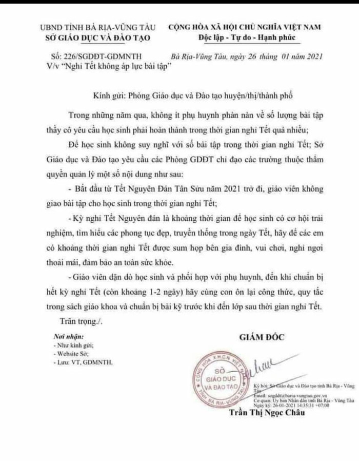 Sở Giáo dục Bà Rịa- Vũng Tàu yêu cầu giáo viên không giao bài tập cho học sinh và dịp Tết (Ảnh chụp từ màn hình)