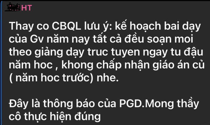 Tin nhắn của Ban giám hiệu gửi cho giáo viên trong trường (Ảnh do bạn đọc cung cấp)