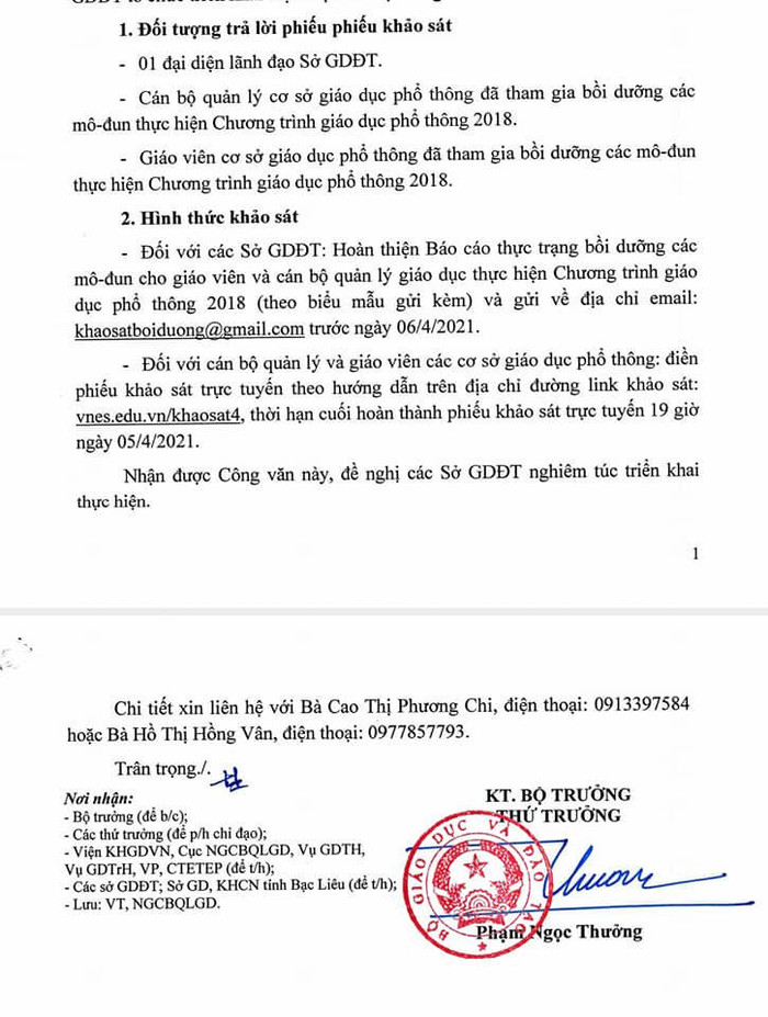 Công văn số 1195/BGDDT-NGCBQLGD yêu cầu giáo viên thực hiện khảo sát chương trình mới (Ảnh chụp từ màn hình)