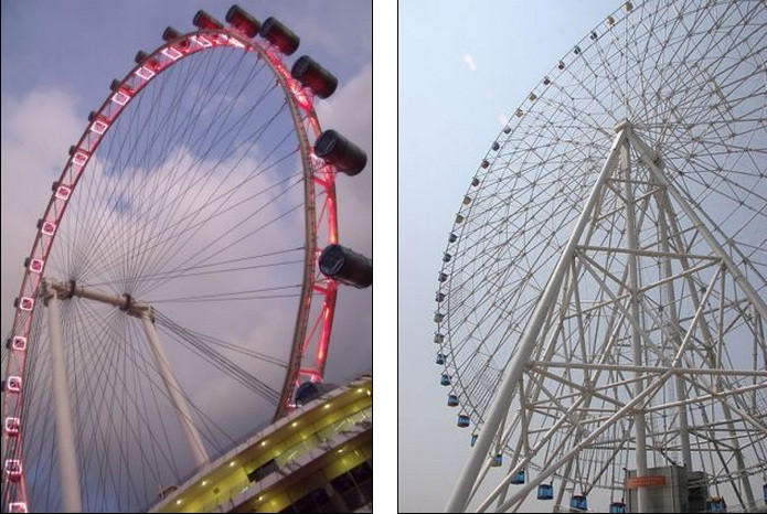 Singapore Flyer (trái) và Star Of Nanchung ở Trung Quốc - 2 bánh xe đu quay mang phong cách Ferris có chiều cao 163,2m và 157,5m. Singapore Flyer (trái) và Star Of Nanchung ở Trung Quốc - 2 bánh xe đu quay mang phong cách Ferris có chiều cao 163,2m và 157,5m.