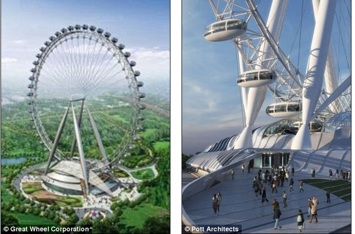 Beijing Great Wheel (trái) có chiều cao 204,6m và Great Berlin Wheel có chiều cao 172,2m dự kiến sẽ được hoàn thành vào năm 2008 nhưng đã bị hoãn lại. Beijing Great Wheel (trái) có chiều cao 204,6m và Great Berlin Wheel có chiều cao 172,2m dự kiến sẽ được hoàn thành vào năm 2008 nhưng đã bị hoãn lại.