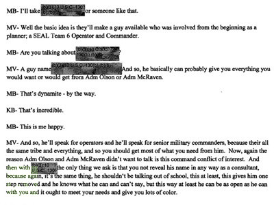 Một trang tài liệu ghi chép lại nội dung cuộc phỏng vấn giữa Mark Boal và Katherine Bigelow với Mike Vickers - thứ trưởng bộ Quốc phòng Mỹ, người từng tham gia chỉ huy chiến dịch tiêu tiệt bin Laden ngày 15/7/2011. Một trang tài liệu ghi chép lại nội dung cuộc phỏng vấn giữa Mark Boal và Katherine Bigelow với Mike Vickers - thứ trưởng bộ Quốc phòng Mỹ, người từng tham gia chỉ huy chiến dịch tiêu tiệt bin Laden ngày 15/7/2011.