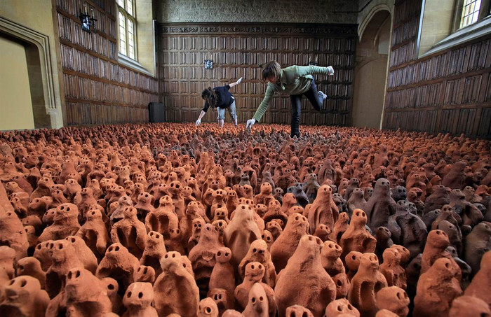 Tình nguyện viên Francis Aitken (phải) và Deborah Westmancote sắp xếp các bức tượn đất sét là tác phẩm nghệ thuật của nghệ sĩ Antony Gormley trước ngày khai mạc triển lãm ở gần Ilminster, Anh ngày 25/4.