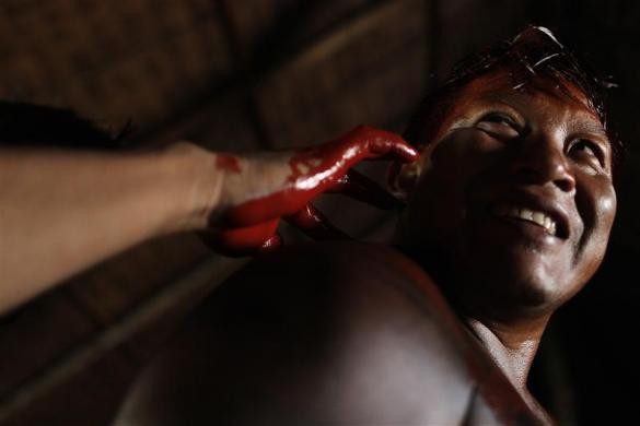 Người Yawalapiti vẽ mình bằng thứ bột đỏ làm từ hạt annatto hoặc achiote Người Yawalapiti vẽ mình bằng thứ bột đỏ làm từ hạt annatto hoặc achiote