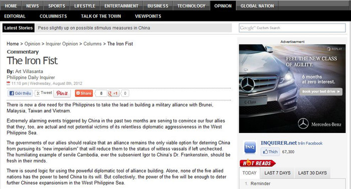 Ảnh chụp màn hình bài phân tích "Quả đấm thép" của nhà bình luận Art Villasanta người Philippines đăng trên tờ The Philippines Inquirer ngày 8/8