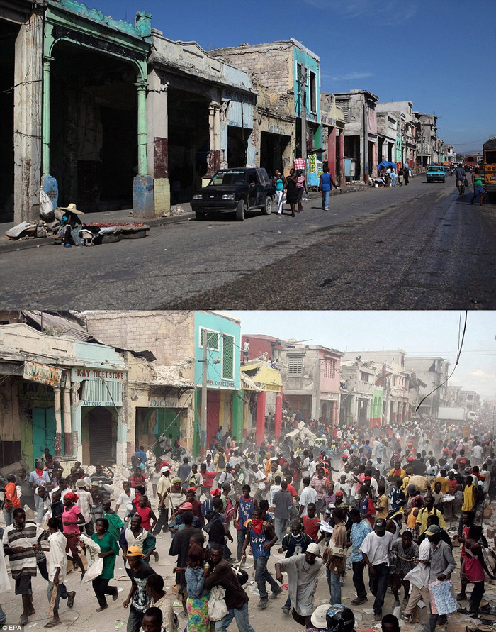 Đám đông đổ xô ra đường ngày 16/1/2010 tại đại lộ Desallines (dưới) và tĩnh lặng trong ngày 11/1/2012