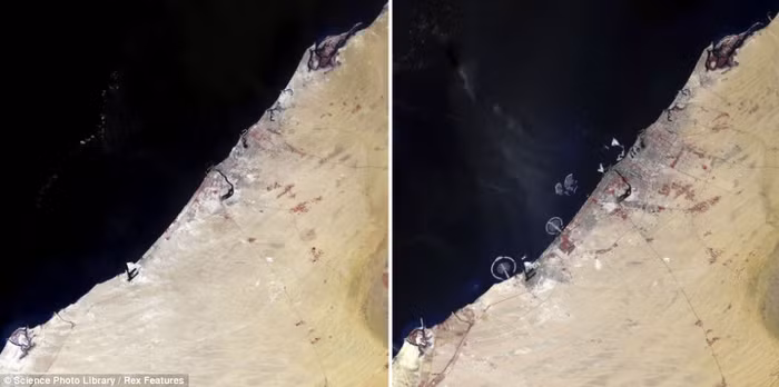 Dubai năm 1990 (trái) và năm 2006. Màu xanh đậm là nước, màu xám là các vùng đô thị hóa, màu đỏ là các thảm thực vật, màu nâu sáng và sa mạc. Dubai năm 1990 (trái) và năm 2006. Màu xanh đậm là nước, màu xám là các vùng đô thị hóa, màu đỏ là các thảm thực vật, màu nâu sáng và sa mạc.