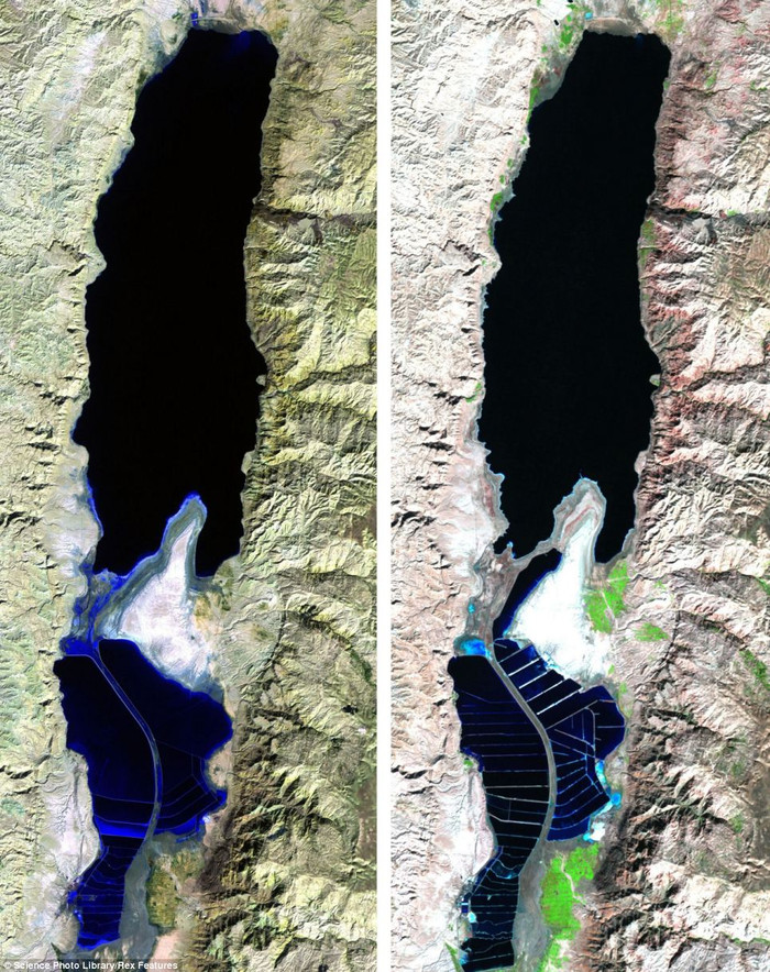 Biển Chết năm 1984 (trái) và năm 2011.