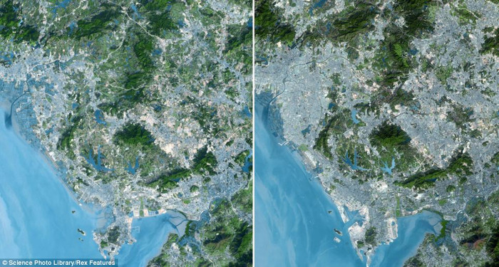 Thành phố Thâm Quyến, Trung Quốc năm 1999 (trái) và năm 2008.