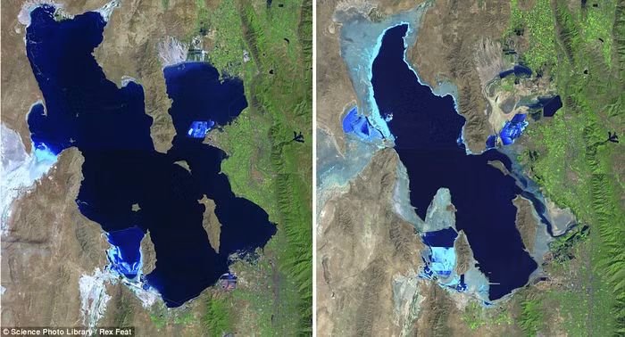 Ảnh hồ muối Great ở Utah, Mỹ năm 1985 (trái) và năm 2010. Ảnh hồ muối Great ở Utah, Mỹ năm 1985 (trái) và năm 2010.