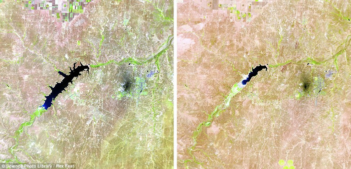 Hồ Meredith năm 1990 (trái) và năm 2011. Hồ Meredith là một hồ nhân tạo được hình thành bởi đập Sanford ở Texas. Nước hồ đang ngày càng cạn do hạn hán liên tục.