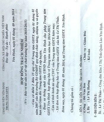 Hợp đồng "ma" giữa Trung tâm Giáo dục thường xuyên Yên Định với "bảo vệ" Lê Thị Thảo (ảnh: ĐỨC THIỆN)
