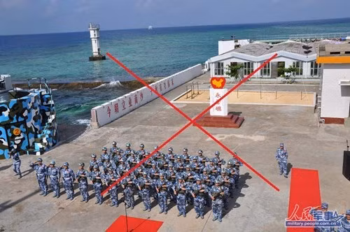 Pháo đài quân sự kiên cố và binh lính Trung Quốc đồn trú trái phép tại đá Chữ Thập, Trường Sa, Khánh Hòa, Việt Nam (ảnh: internet)