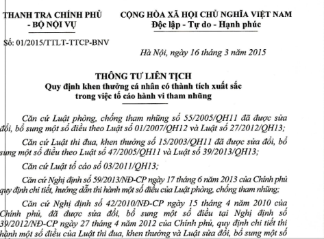 Thông tư liên tịch số 01/2015/TTLT-TTCP-BNV quy định việc khen thưởng cá nhân có thành tích xuất sắc trong việc tố cáo hành vi tham nhũng chính thức có hiệu lực từ ngày 1/5/2015 (ảnh QUỐC TOẢN) Thông tư liên tịch số 01/2015/TTLT-TTCP-BNV quy định việc khen thưởng cá nhân có thành tích xuất sắc trong việc tố cáo hành vi tham nhũng chính thức có hiệu lực từ ngày 1/5/2015 (ảnh QUỐC TOẢN)