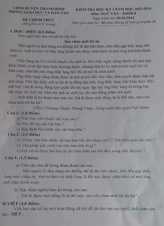 Đề Ngữ văn lớp 8 của Phòng Giáo dục và Đào tạo Thanh Bình (Đồng Tháp) được giáo viên chia sẻ trên một diễn đàn Ngữ văn trung học cơ sở.