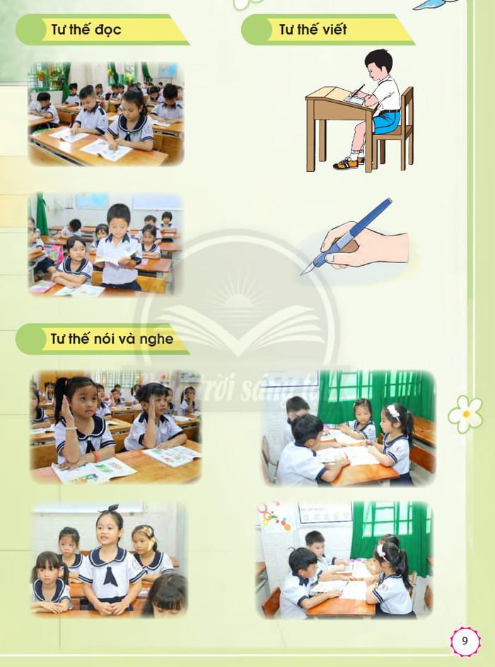 Các tư thế ngồi học, đọc, cầm bút cũng rất quan trọng đối với trẻ (Ảnh chụp từ sách giáo khoa Tiếng Việt 1, bộ Chân trời sáng tạo) GDVN_N.Đ.jpg