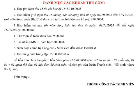 Danh mục các khoản thu trong Hướng dẫn Nộp các khoản tiền tạm thu học phí và phí nhập học đối với thí sinh trúng tuyển và đã xác nhận nhập học kỳ tuyển sinh năm 2023 (dành cho chương trình chuẩn). (Ảnh chụp màn hình).