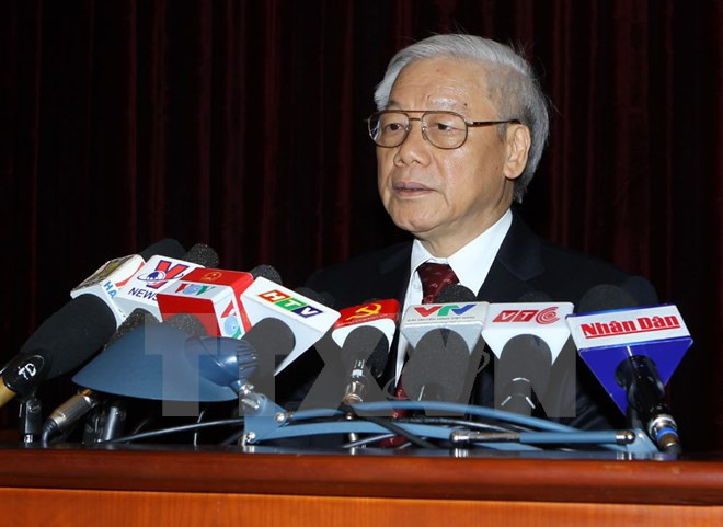 Tổng Bí thư Nguyễn Phú Trọng phát biểu tại phiên bế mạc Hội nghị Trung ương 11 chiều 7/5. ảnh: TTXVN.