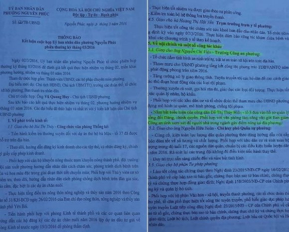 Văn bản thông báo bà Hiền nhận được có nội dung giao cho công an phường đưa bà vào hồ sơ quản lý vì “chống đối Đảng, Chính quyền”. ảnh: dân việt.