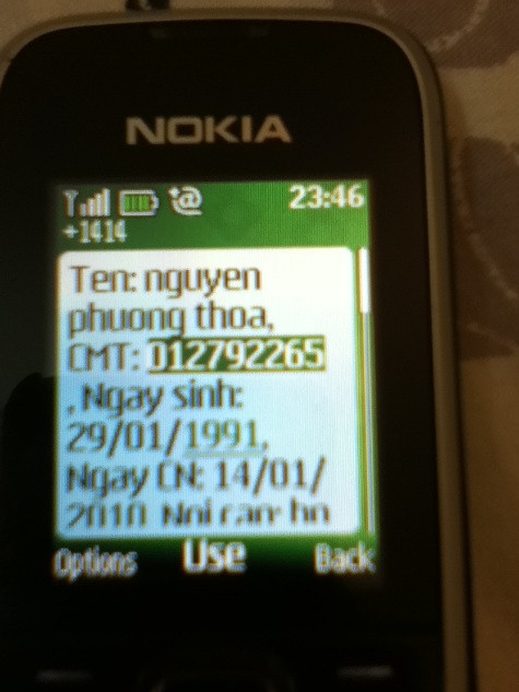 Thông tin phản hồi từ 1414 đến số máy của chị Thoa về thông tin đăng kí cá nhân cho số thuê bao của chị