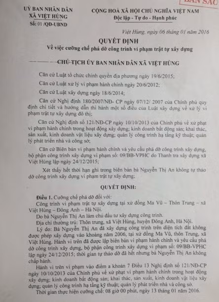 Quyết định của ông Chủ tịch UBND xã Việt Hùng (huyện Đông Anh, Hà Nội) ban hành trái quy định pháp luật.
