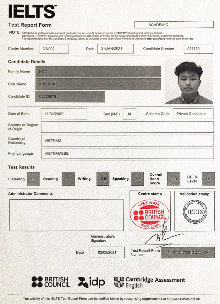 Kết quả bài thi của nam sinh Ngô Anh Kha (Ảnh: Nhân vật cung cấp)