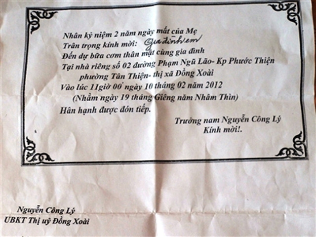 Giấy mời ăn giỗ được in cả chức danh UBKT Thị ủy Đồng Xoài của ông Nguyễn Công Lý Giấy mời ăn giỗ được in cả chức danh UBKT Thị ủy Đồng Xoài của ông Nguyễn Công Lý