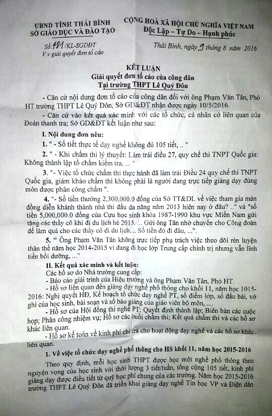 Kết luận của Sở GD&amp;ĐT tỉnh Thái Bình được cho là không xác đáng khiến người tố cáo và nhiều giáo viên, phụ huynh trường THPT Lê Qúy Đôn bức xúc (Ảnh MC)