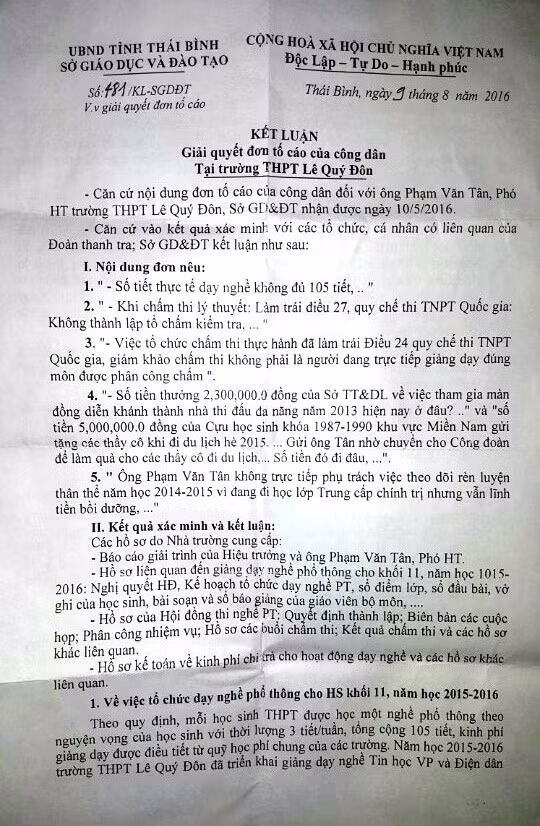 Kết luận của Sở GD&ĐT tỉnh Thái Bình được cho là không xác đáng khiến người tố cáo và nhiều giáo viên, phụ huynh trường THPT Lê Qúy Đôn bức xúc (Ảnh MC) Kết luận của Sở GD&ĐT tỉnh Thái Bình được cho là không xác đáng khiến người tố cáo và nhiều giáo viên, phụ huynh trường THPT Lê Qúy Đôn bức xúc (Ảnh MC)