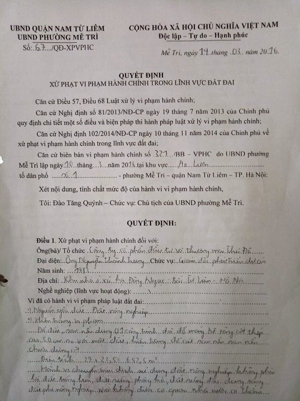 Quyết định xử phạt hành chính số 67/QĐ-XPVPHC do ông Đào Tăng Quýnh, Chủ tịch UBND phường Mễ Trì ký (Ảnh MC)