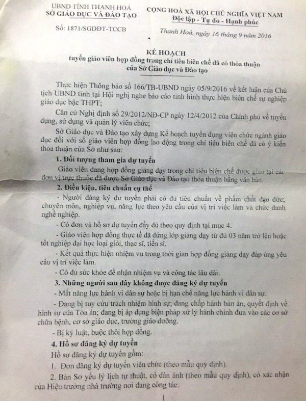 Kế hoạch tuyển giáo viên hợp đồng trong chỉ tiêu biên chế đã có thỏa thuận của Sở Gi áo dục và Đào tạo tỉnh Thanh Hóa. Ảnh: Nhân Minh. Kế hoạch tuyển giáo viên hợp đồng trong chỉ tiêu biên chế đã có thỏa thuận của Sở Gi áo dục và Đào tạo tỉnh Thanh Hóa. Ảnh: Nhân Minh.