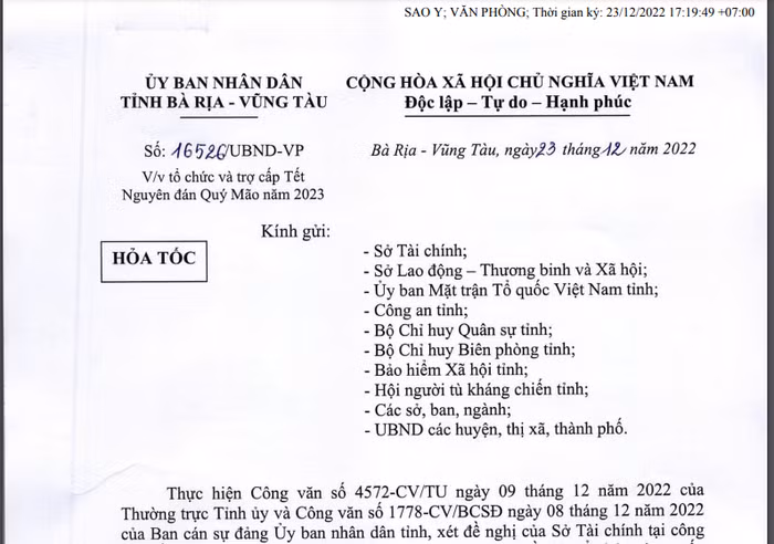 Ảnh chụp màn hình văn bản số 16526/UBND-VP của tỉnh Bà Rịa – Vũng Tàu