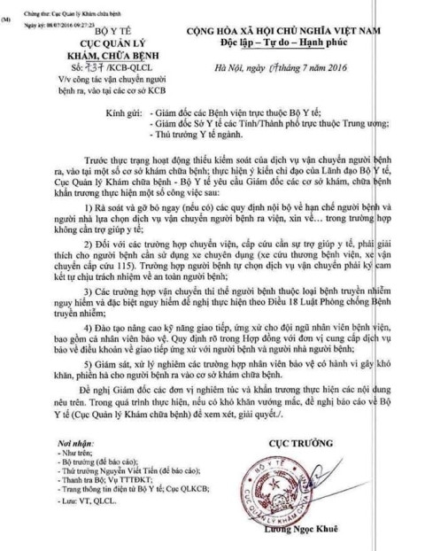 Ngày 8/7, Bộ Y tế - Cục Quản lý khám, chữa bệnh đã ban hành văn bản số 737/KCB-QLCL về việc công tác vận chuyển người bệnh, ra vào các cơ sở khám chữa bệnh trên toàn quốc. Ngày 8/7, Bộ Y tế - Cục Quản lý khám, chữa bệnh đã ban hành văn bản số 737/KCB-QLCL về việc công tác vận chuyển người bệnh, ra vào các cơ sở khám chữa bệnh trên toàn quốc.