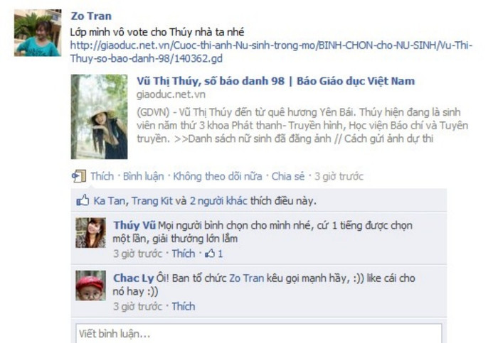 Ảnh chụp từ facebook, thí sinh chia sẻ link bình chọn cho mình Ảnh chụp từ facebook, thí sinh chia sẻ link bình chọn cho mình