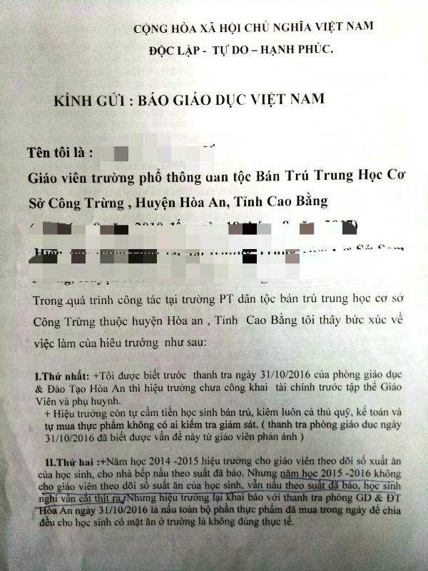 Đơn tố cáo Bà Bế Thị Hằng, Hiệu trưởng Trường phổ thông dân tộc bán trú Trung học cơ sở Công Trừng, huyện Hòa An, tỉnh Cao Bằng. Ảnh: Trực Ngôn Đơn tố cáo Bà Bế Thị Hằng, Hiệu trưởng Trường phổ thông dân tộc bán trú Trung học cơ sở Công Trừng, huyện Hòa An, tỉnh Cao Bằng. Ảnh: Trực Ngôn