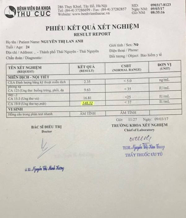 Các bác sỹ bệnh viện Đa khoa Quốc tế Thu Cúc cho biết, việc xét nghiệm trên không phải là cơ sở duy nhất để phát hiện và chẩn đoán ung thư vì nhiều bệnh lý ngoài ung thư cũng có nồng độ CA 19-9 tăng. Các bác sỹ bệnh viện Đa khoa Quốc tế Thu Cúc cho biết, việc xét nghiệm trên không phải là cơ sở duy nhất để phát hiện và chẩn đoán ung thư vì nhiều bệnh lý ngoài ung thư cũng có nồng độ CA 19-9 tăng.