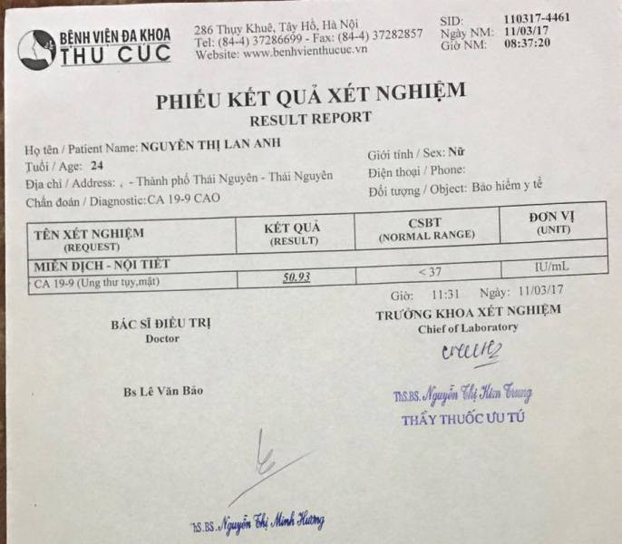 Kết quả xét nghiệm của chị Lan Anh tại Bệnh viện Thu Cúc với các chỉ số cao chỉ có ở người mắc bệnh ung thư giai đoạn cuối. Kết quả xét nghiệm của chị Lan Anh tại Bệnh viện Thu Cúc với các chỉ số cao chỉ có ở người mắc bệnh ung thư giai đoạn cuối.