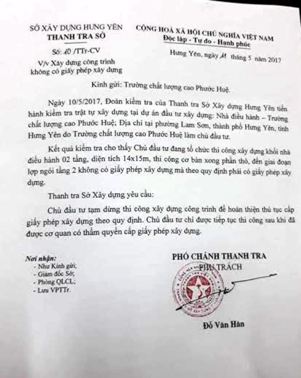 Công văn số 10/TTr-CV ngày 11/05/2017 của Thanh tra Sở Xây dựng Hưng Yên về việc xây dựng công trình không có giấy phép xây dựng gửi Trường chất lượng cao Phước Huệ (ảnh LM) Công văn số 10/TTr-CV ngày 11/05/2017 của Thanh tra Sở Xây dựng Hưng Yên về việc xây dựng công trình không có giấy phép xây dựng gửi Trường chất lượng cao Phước Huệ (ảnh LM)