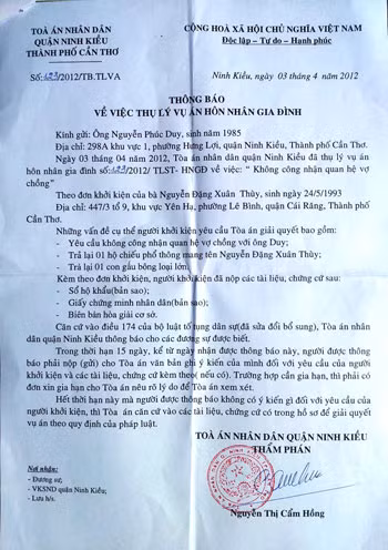 Thông báo thụ lý vụ án của tòa án quận Ninh Kiều